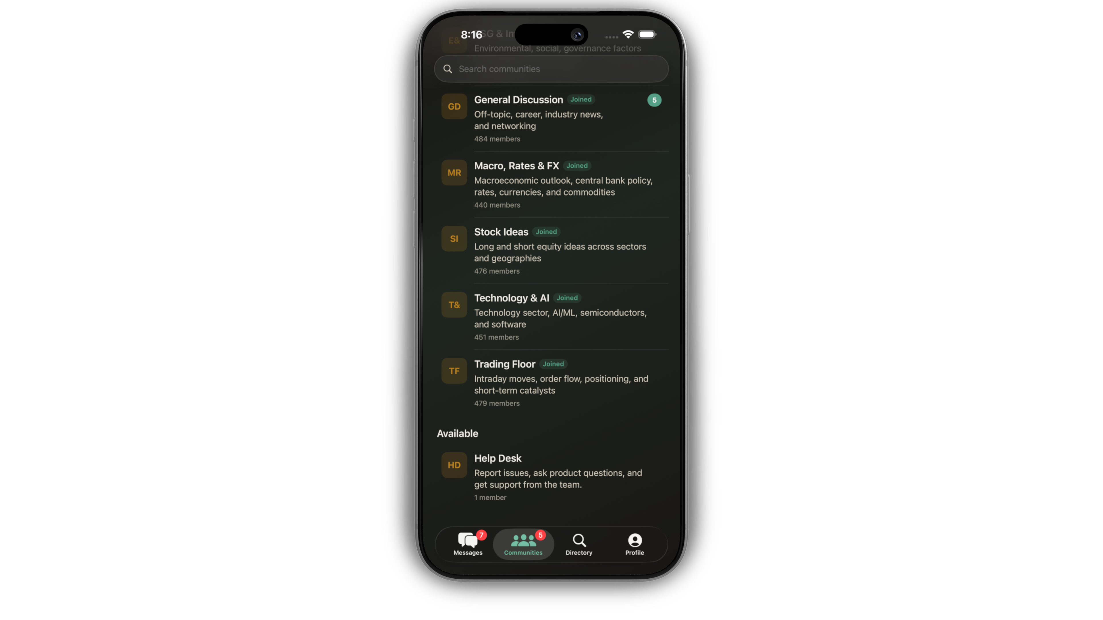 Quavix Messenger communities list on iPhone in dark theme